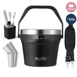 BUZIO 7L Insulated Stainless Steel Ice Bucket with Lid Ice Tongs Scoop And 2 Cups Keeps Ice Cold for Up to 48 Hours - Black
